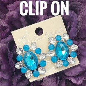 Clip On Blue Rhinestone Statement Earrings